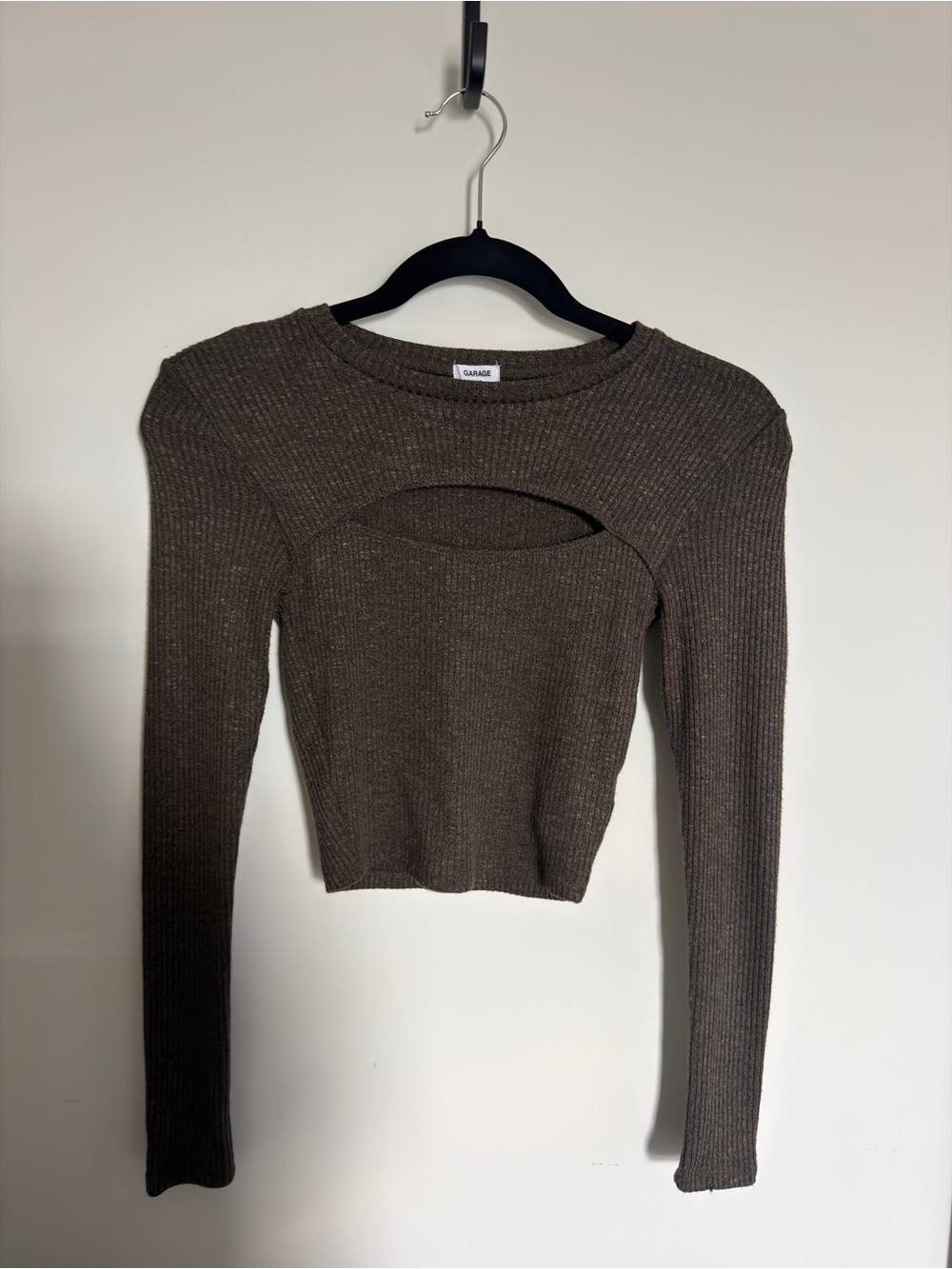 Garage Olive Ribbed Long Sleeve Top with Front Cutout